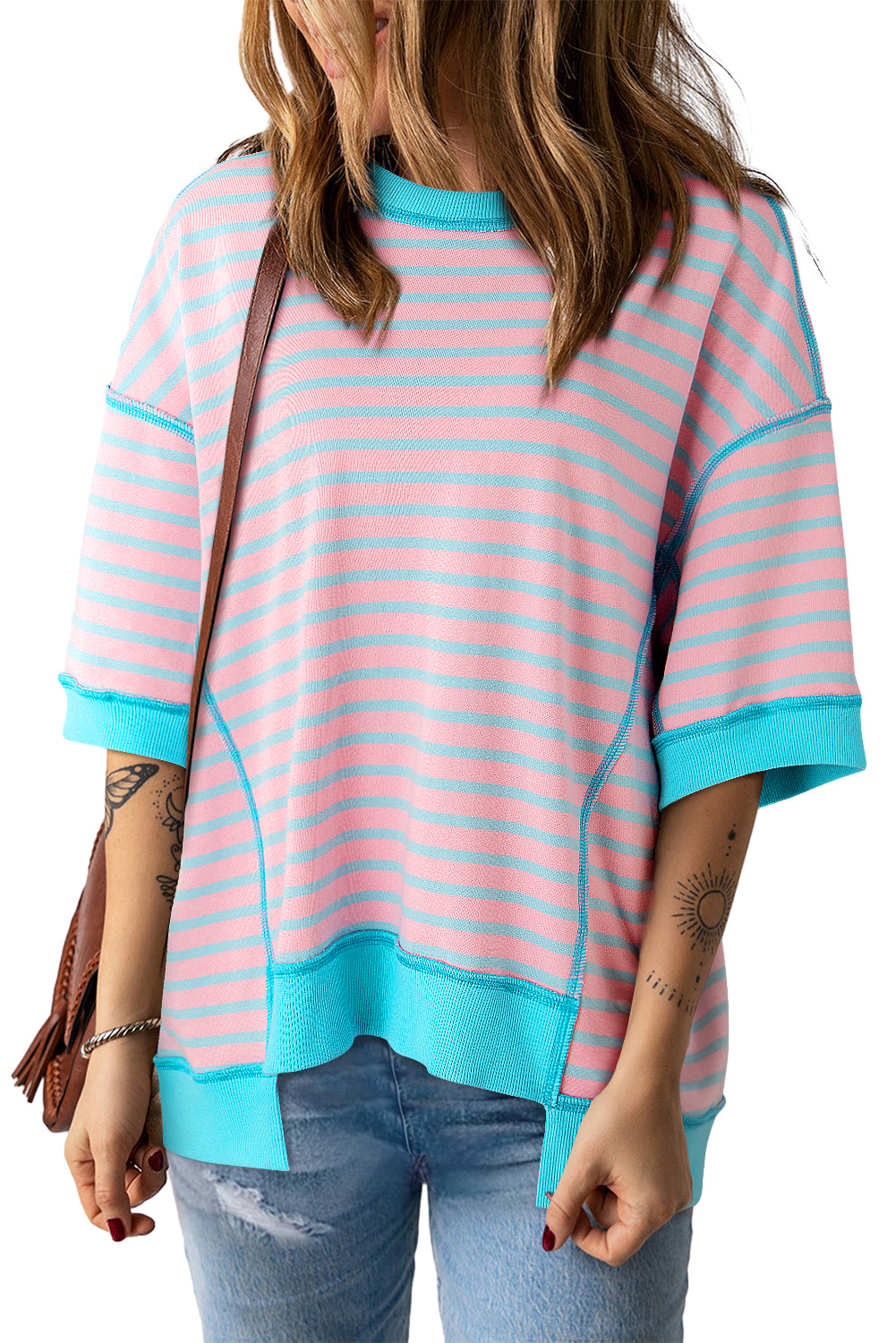 Pink Stripe Oversized Contrast Trim Exposed Seam High Low T Shirt - Glimmer Road
