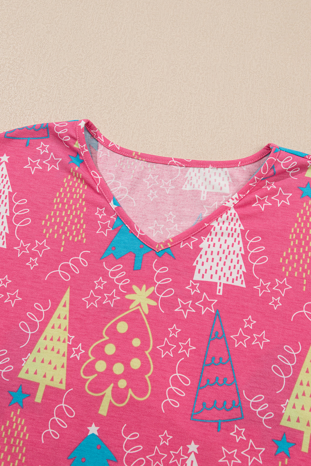 Rose Christmas Tree Print V Neck Tee and Pants Lounge Set - Glimmer Road