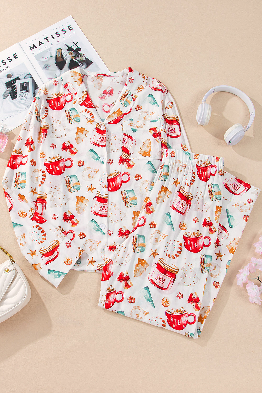 White Christmas Pattern Long Sleeve Shirt and Pants Pajama Set - Glimmer Road