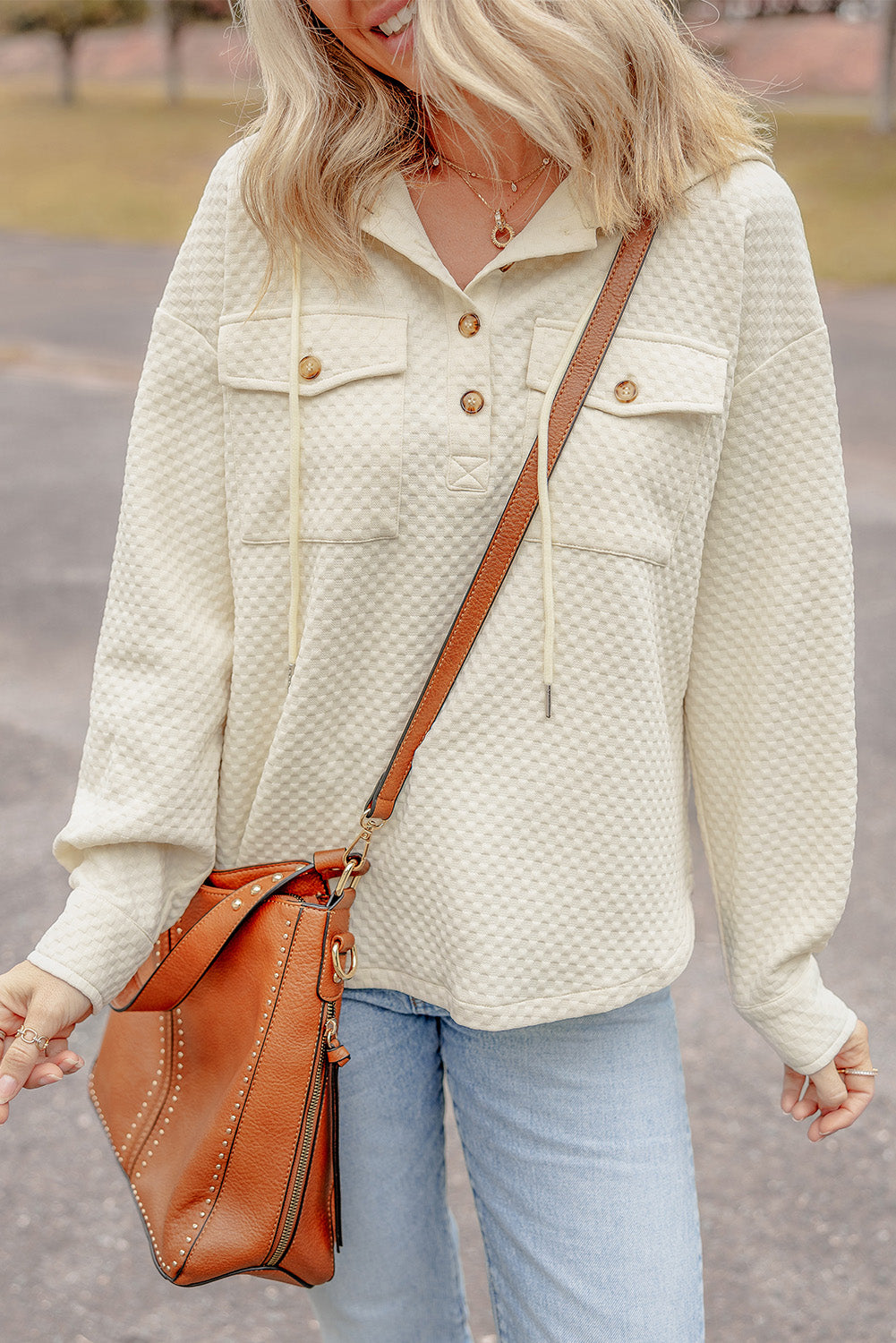 Apricot Textured Buttoned Neckline Side Pockets Hoodie - Glimmer Road