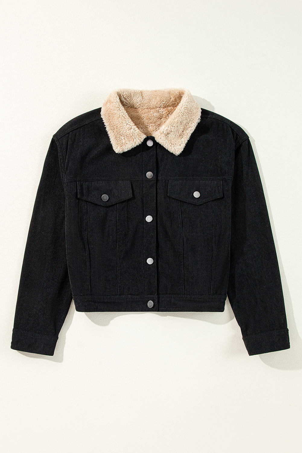 Black Fleece Lined Button-up Collared Corduroy Crop Jacket - Glimmer Road