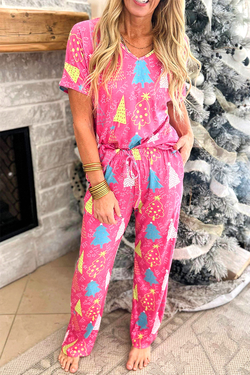 Rose Christmas Tree Print V Neck Tee and Pants Lounge Set - Glimmer Road
