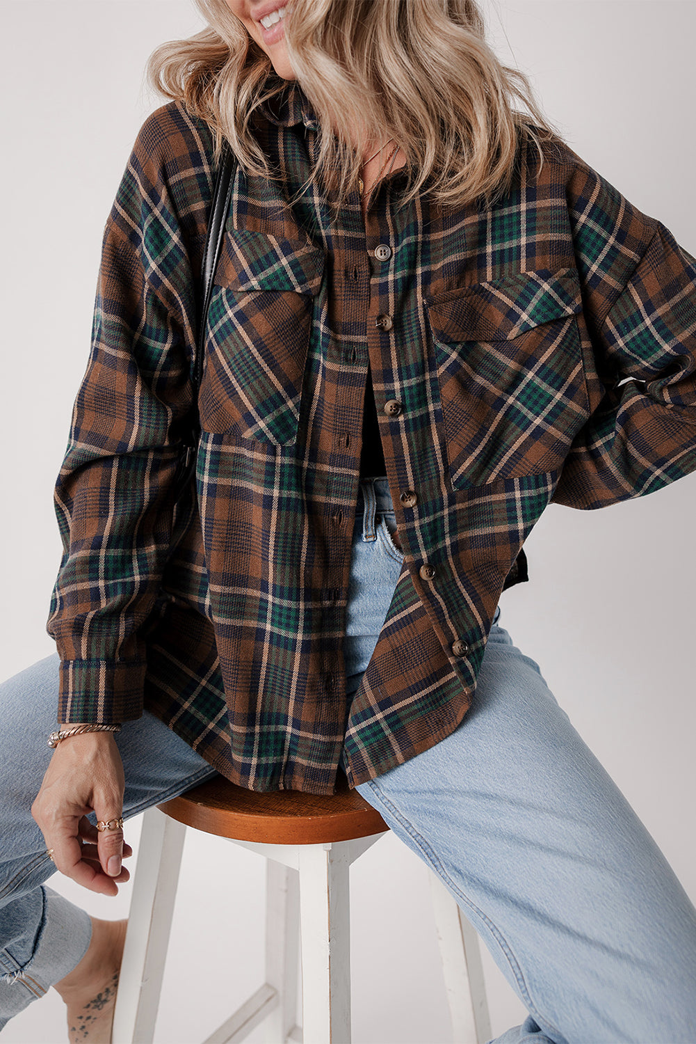 Brown Plaid Print Chest Pockets Buttoned Shirt Jacket - Glimmer Road