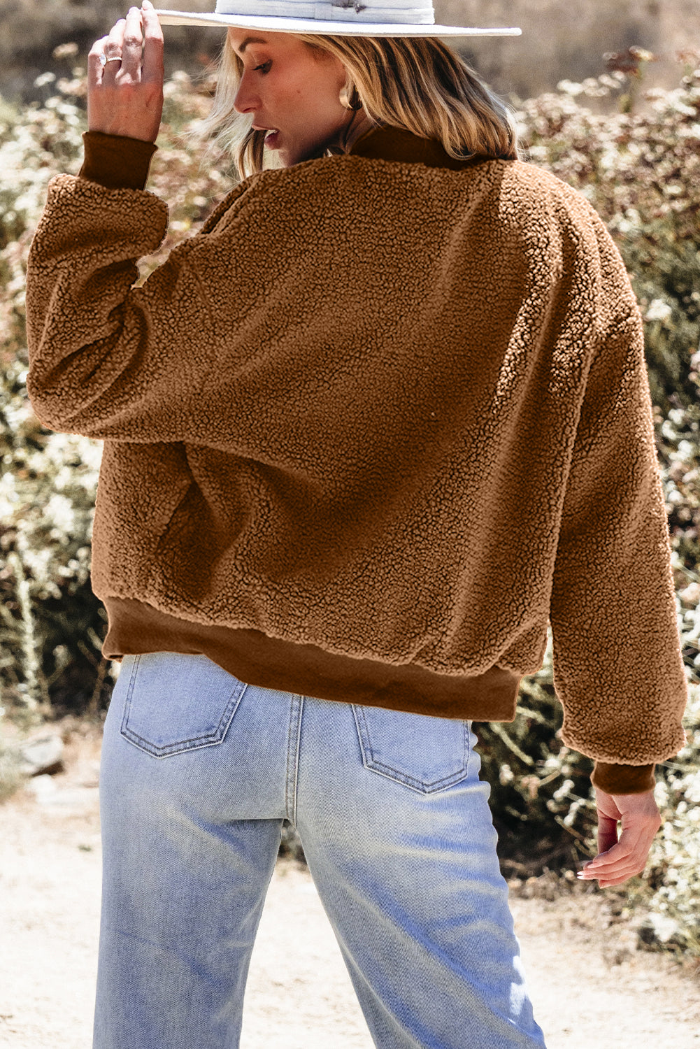 Redwood Burl Sherpa Ribbed Baseball Collar Bomber Jacket - Glimmer Road