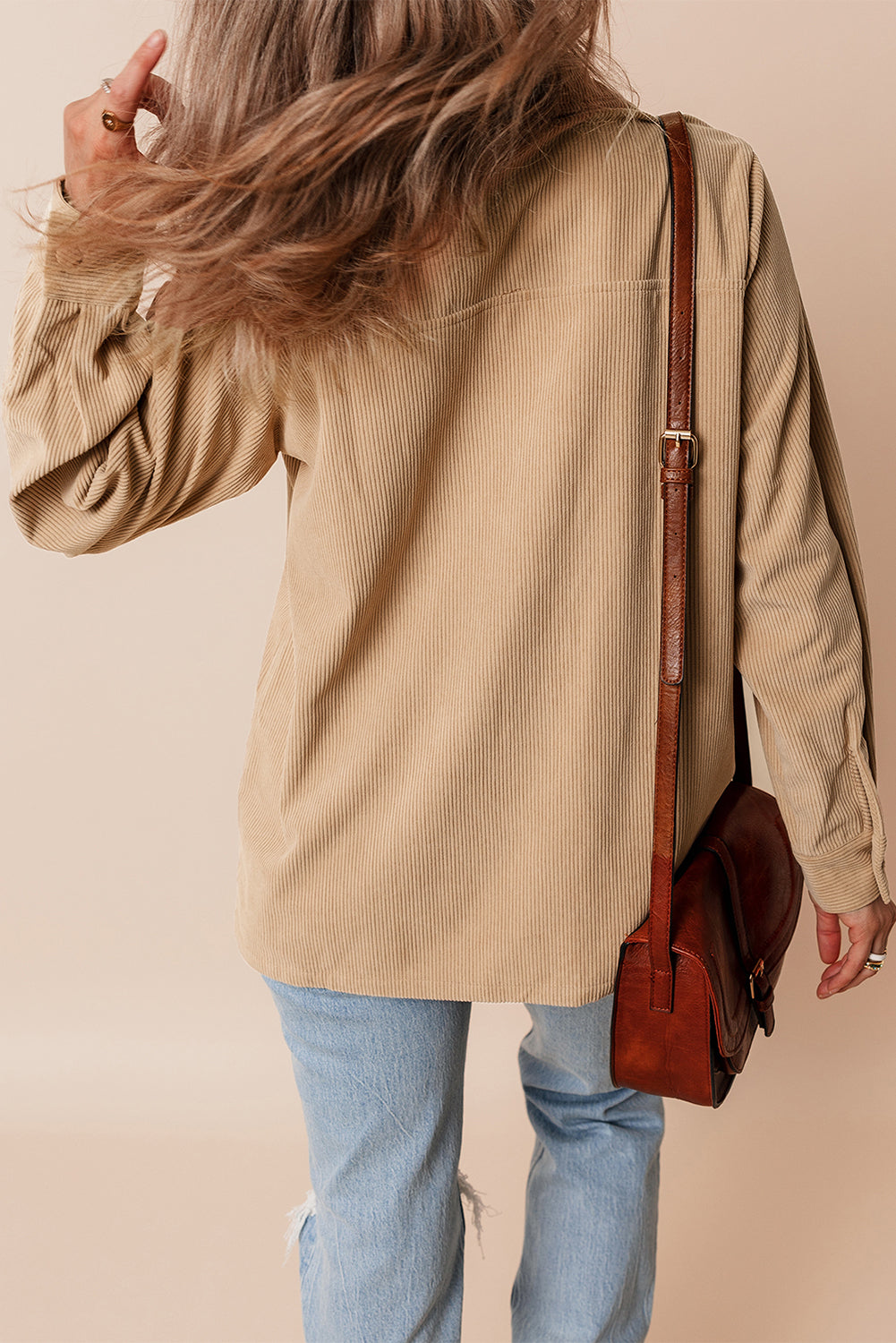 Light French Beige Solid Frilled Flap Pocket Button Up Corduroy Shacket - Glimmer Road
