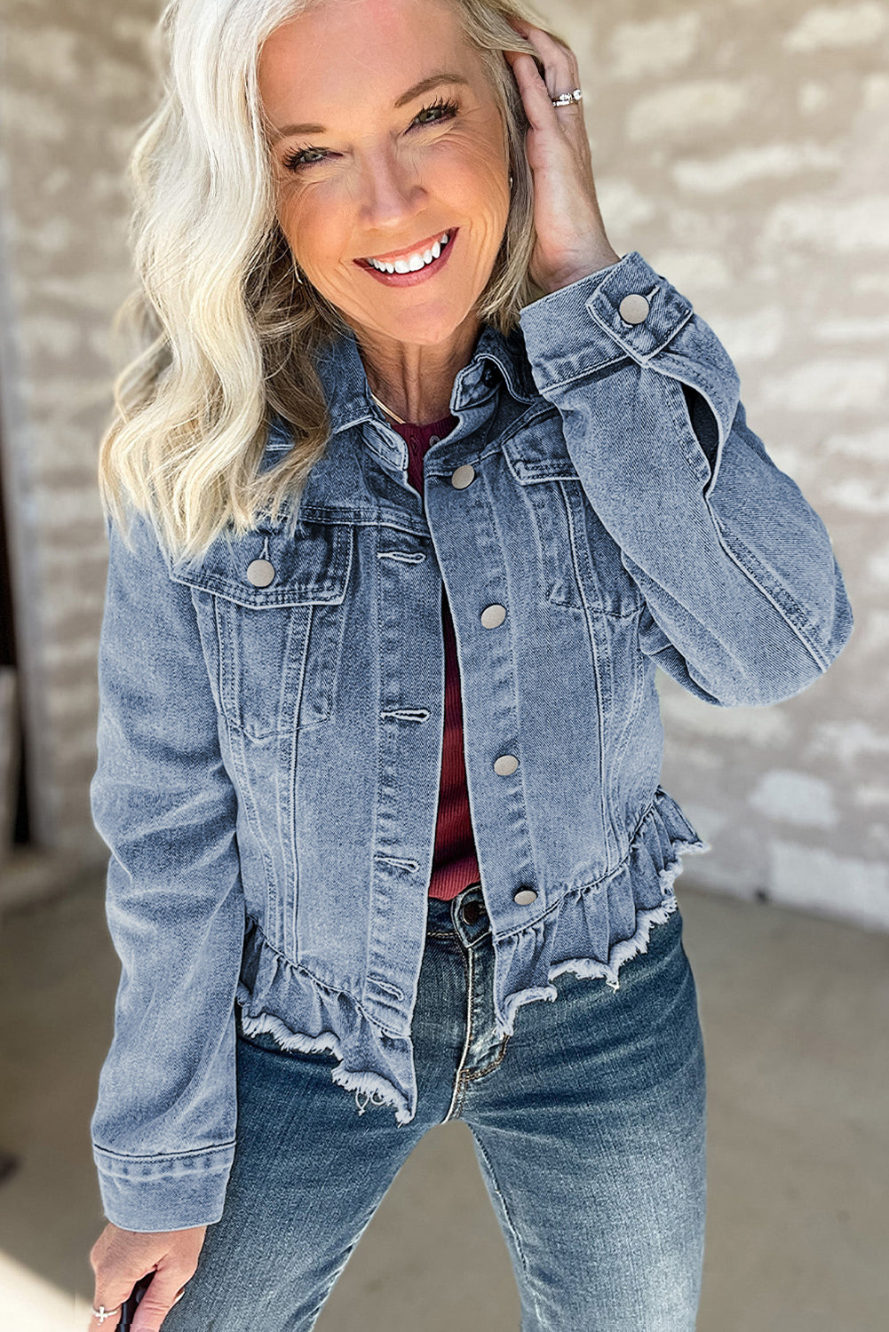 Beau Blue Ruffle Raw Hem Flap Pockets Denim Jacket - Glimmer Road