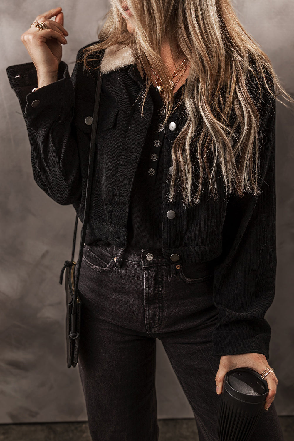 Black Fleece Lined Button-up Collared Corduroy Crop Jacket - Glimmer Road