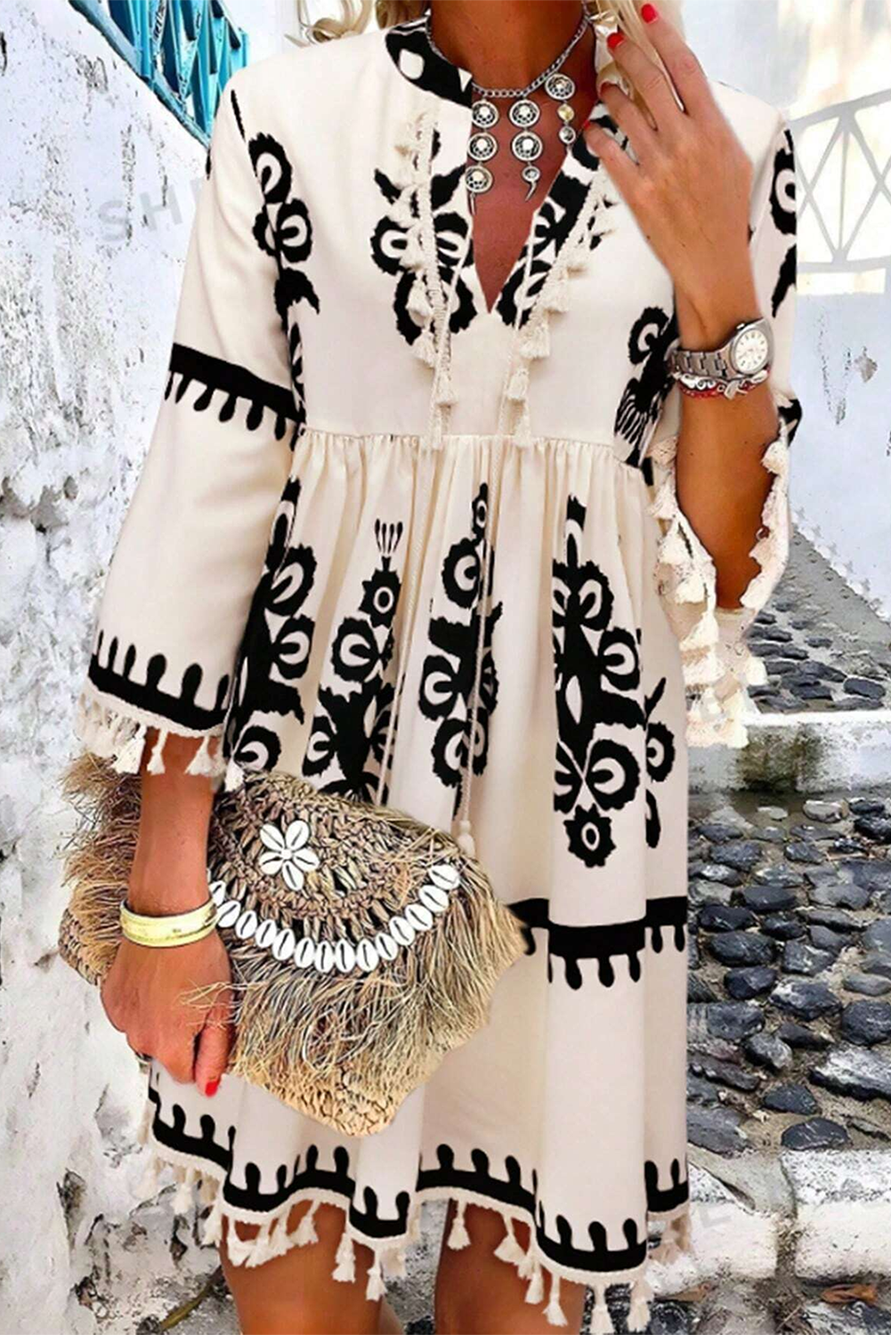 Beige Western Pattern Print Tasseled Notch V Neck Mini Dress - Glimmer Road
