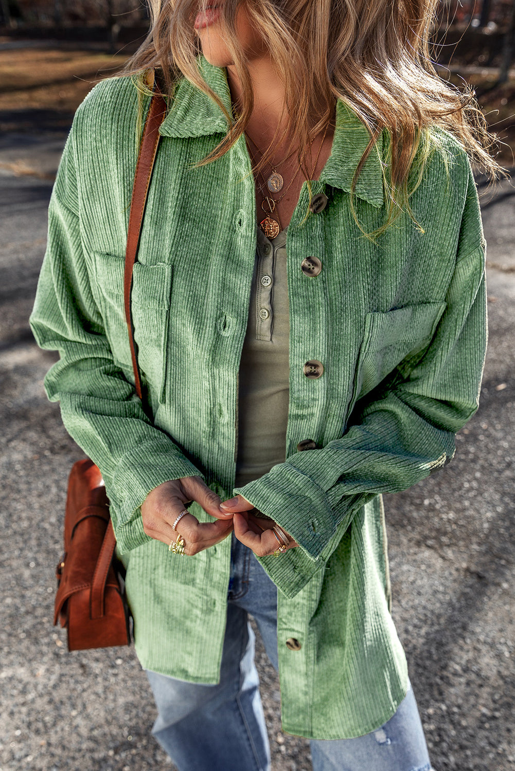 Mist Green Patched Pocket Button Up Corduroy Shacket - Glimmer Road