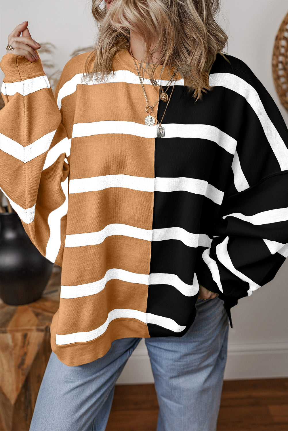 Khaki Stripe Colorblock Oversized Sweater - Glimmer Road