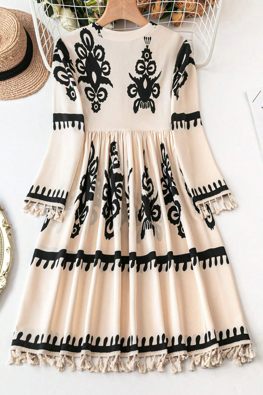 Beige Western Pattern Print Tasseled Notch V Neck Mini Dress - Glimmer Road