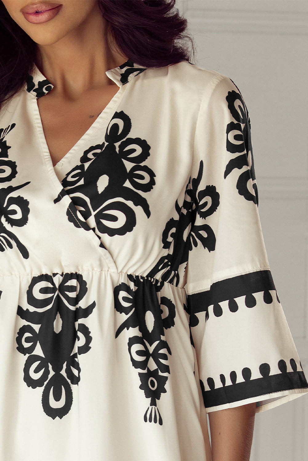 Beige Western Geometric Print 3/4 Sleeve Loose Midi Dress - Glimmer Road
