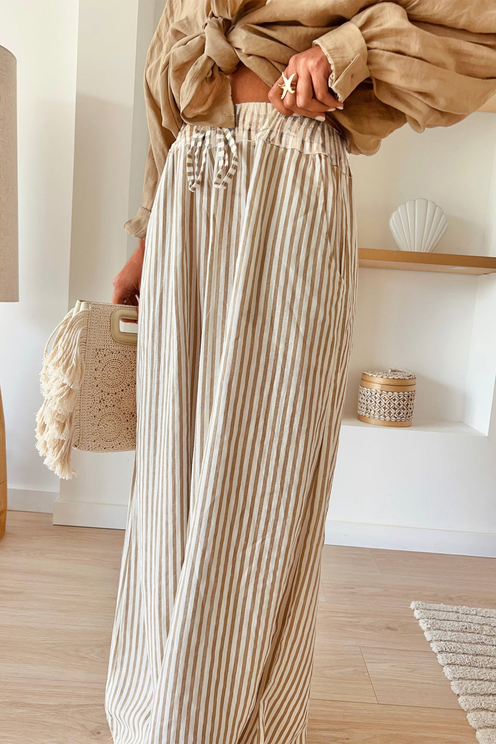 Khaki Stripe Print Wide Leg Drawstring Pants - Glimmer Road