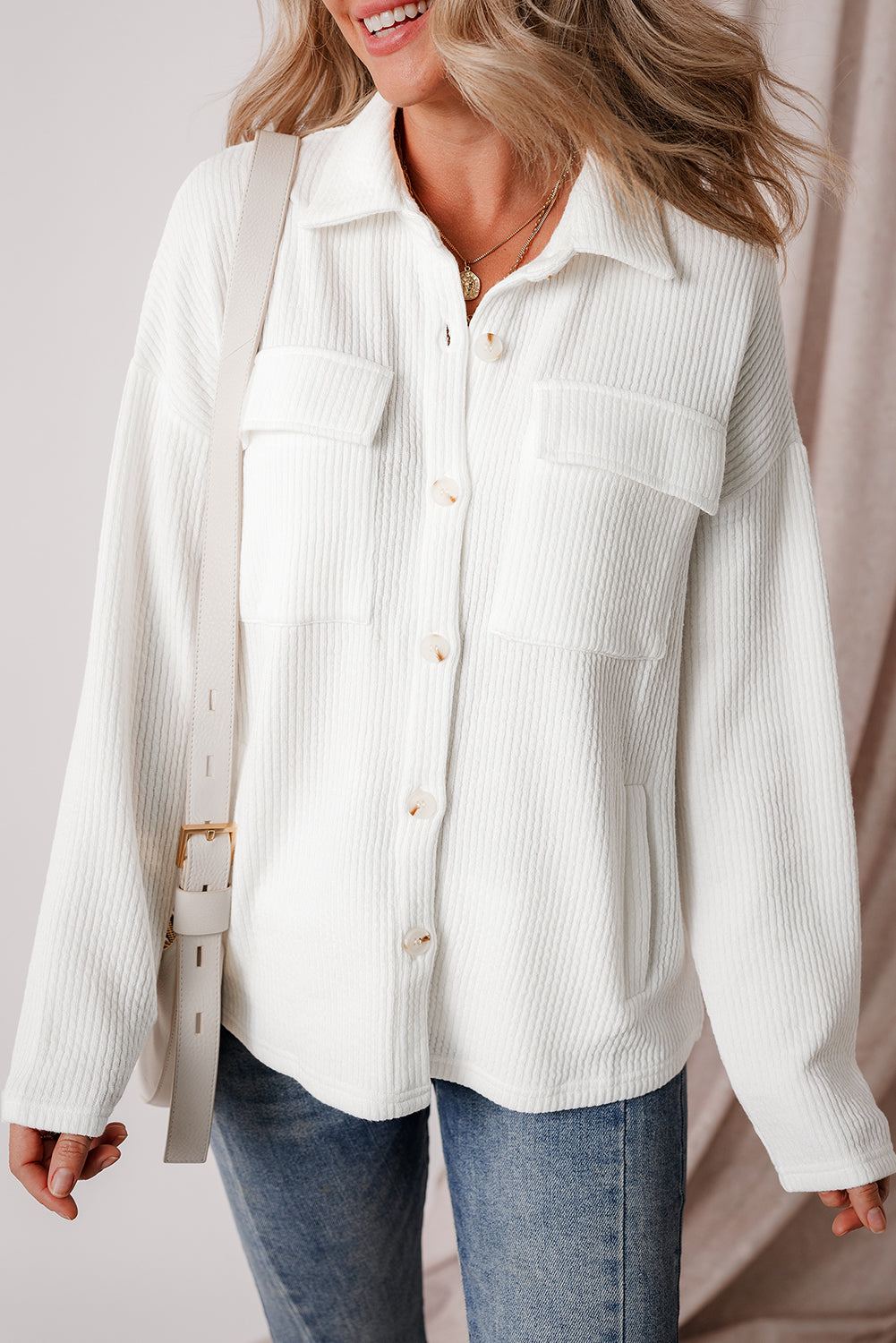 Dark Khaki Solid Color Corduroy Buttoned Long Sleeve Shacket - Glimmer Road