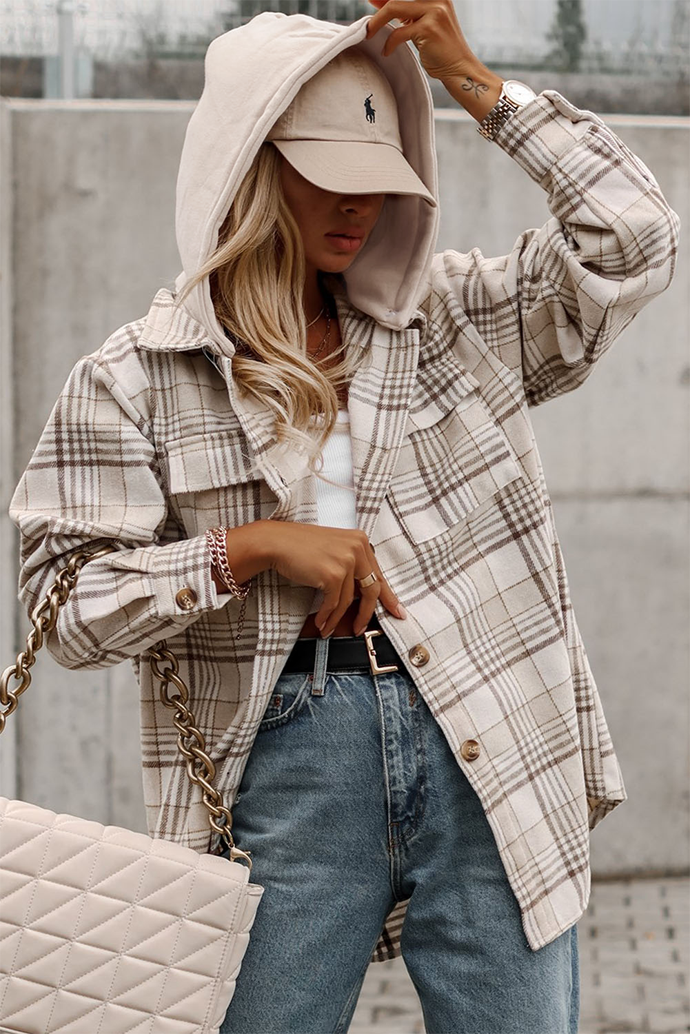 Khaki Plaid Removable Hood Buttoned Shacket - Glimmer Road