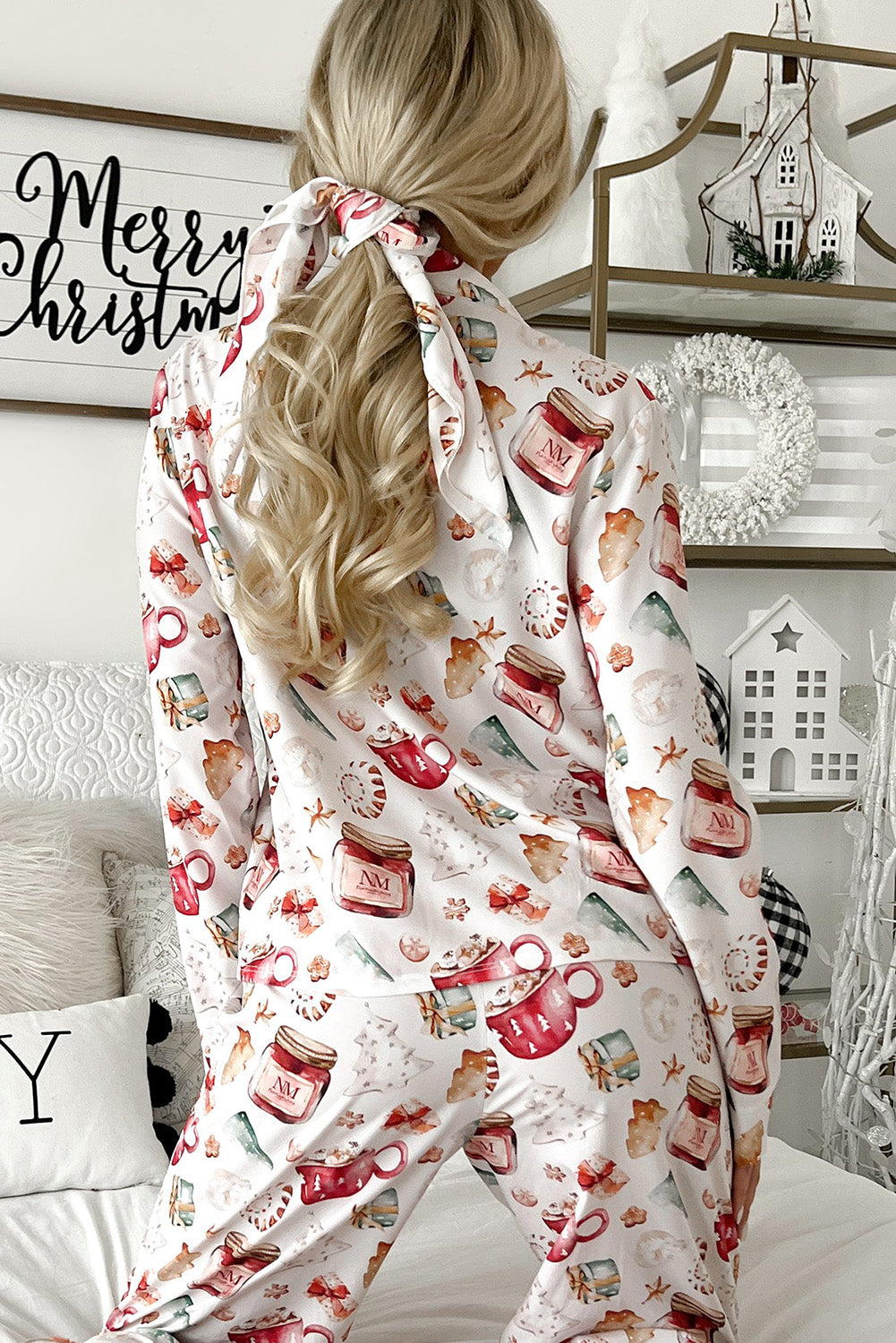 White Christmas Pattern Long Sleeve Shirt and Pants Pajama Set - Glimmer Road