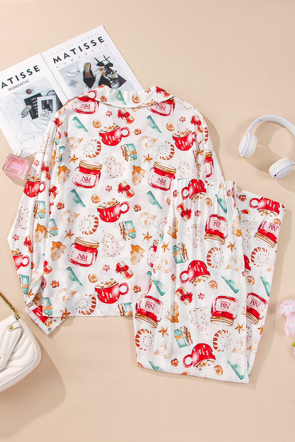 White Christmas Pattern Long Sleeve Shirt and Pants Pajama Set - Glimmer Road