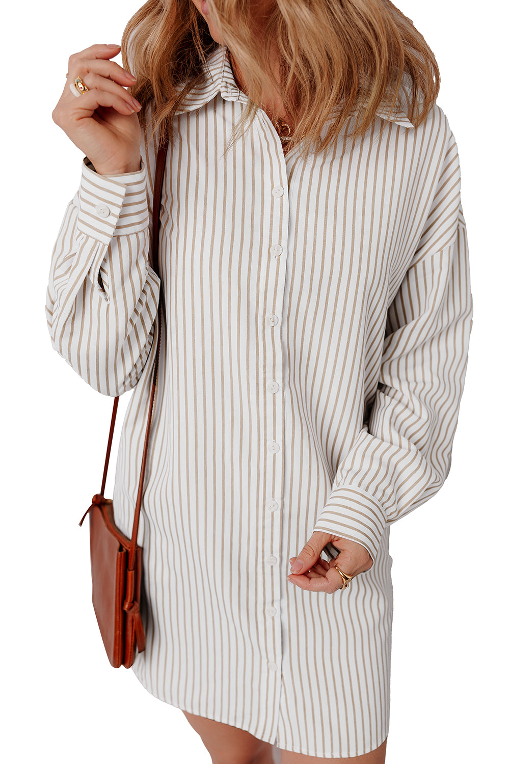 Khaki Stripe Long Sleeve Button Up Mini Shirt Dress - Glimmer Road