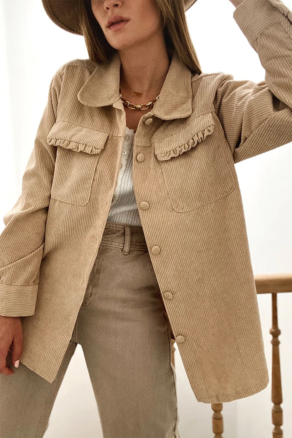 Light French Beige Solid Frilled Flap Pocket Button Up Corduroy Shacket - Glimmer Road