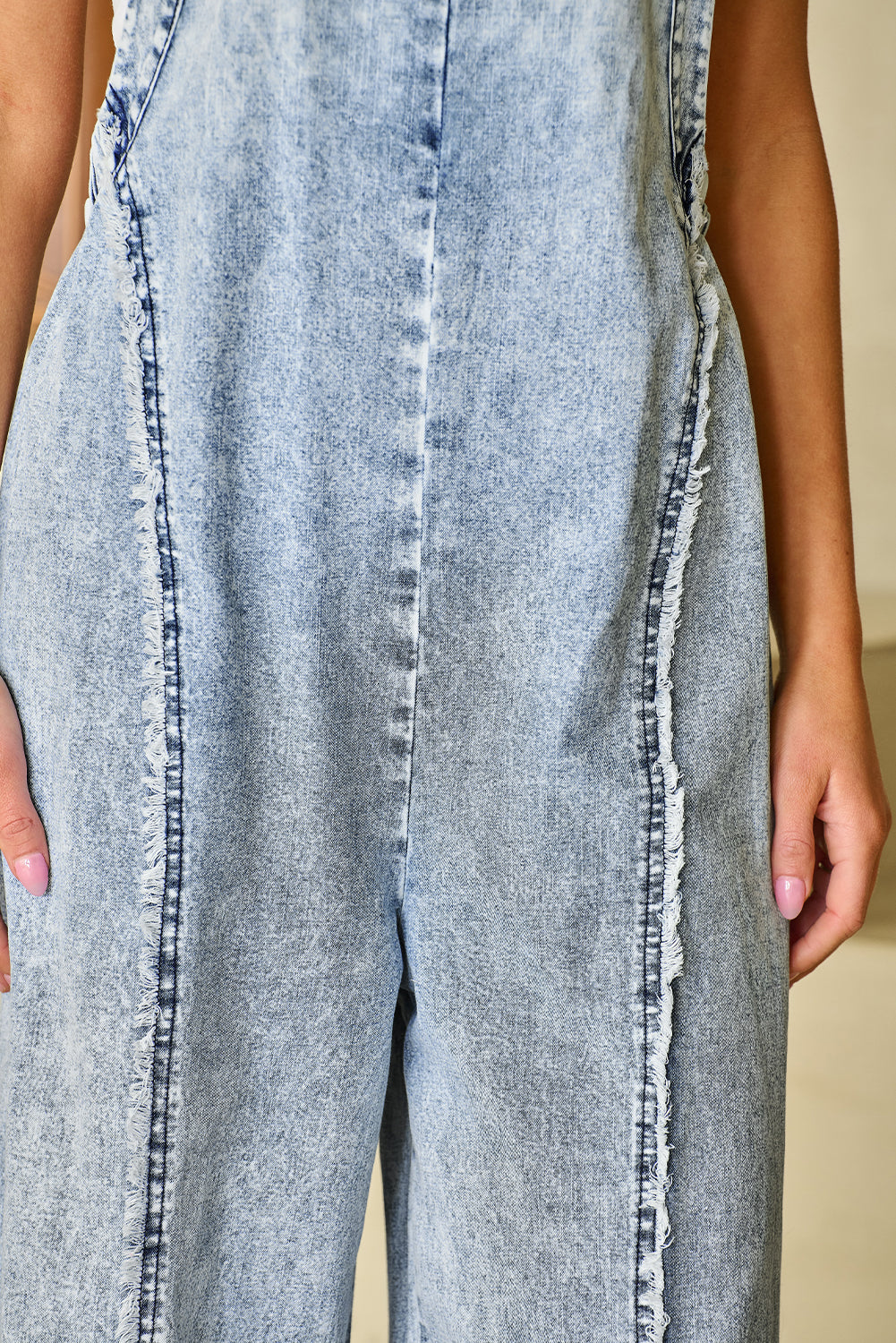 Beau Blue Light Wash Frayed Exposed Seam Wide Leg Denim Overall - Glimmer Road