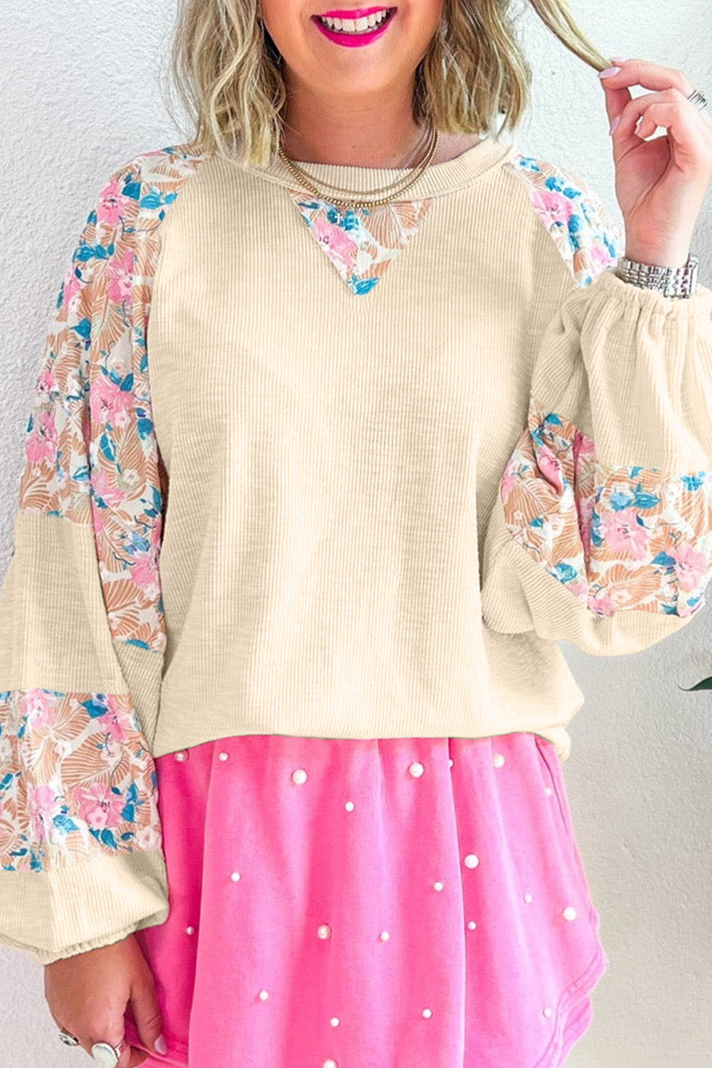 Apricot Textured Floral Patchwork Balloon Sleeve Blouse - Glimmer Road