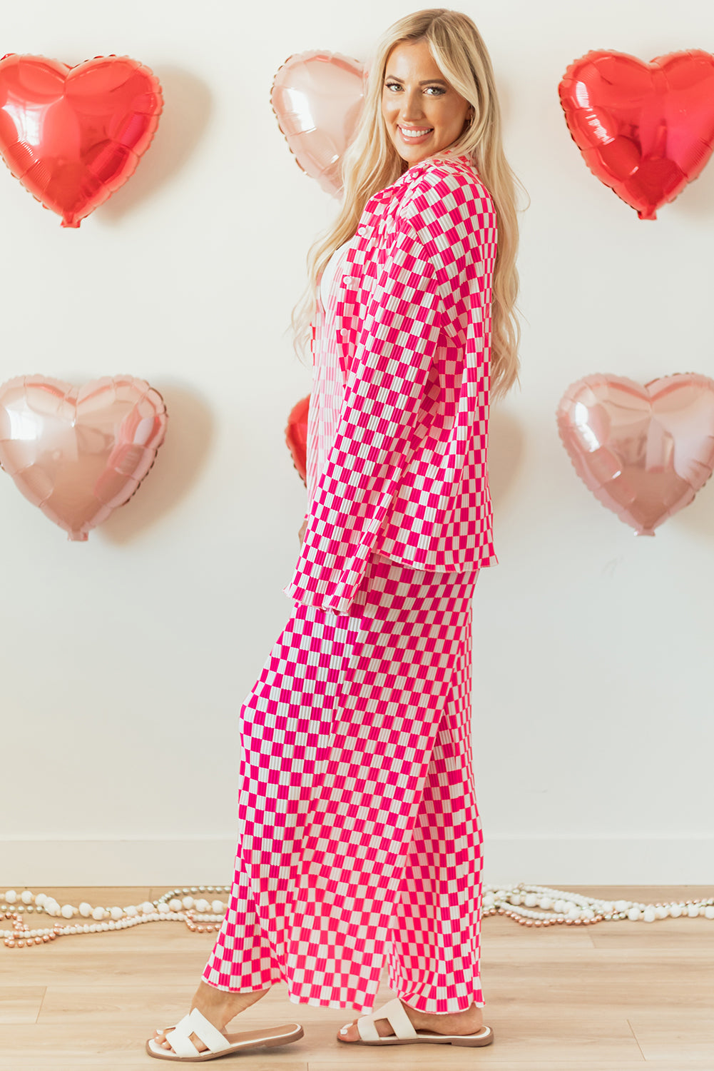 Pink Checkered Buttoned Shirt and High Waist Pants Pajama Set - Glimmer Road
