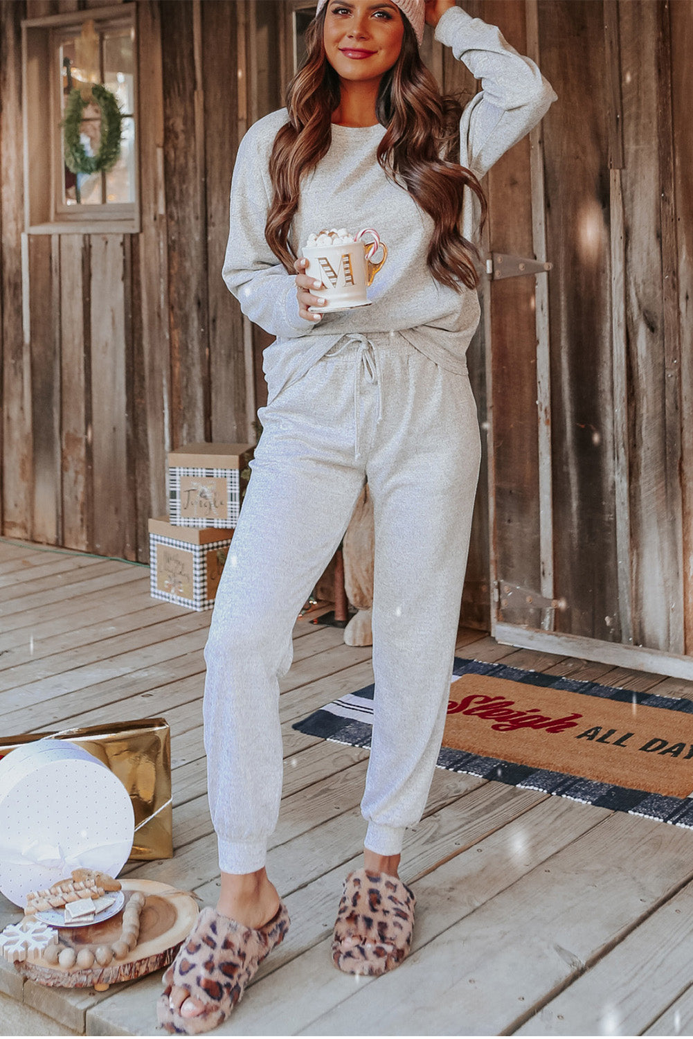 Gray Long Sleeve Pullover and Jogger Pants Lounge Set - Glimmer Road