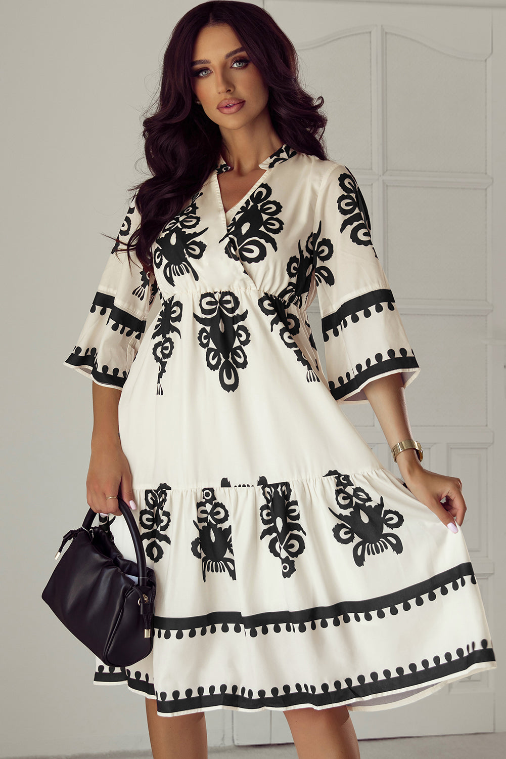 Beige Western Geometric Print 3/4 Sleeve Loose Midi Dress - Glimmer Road