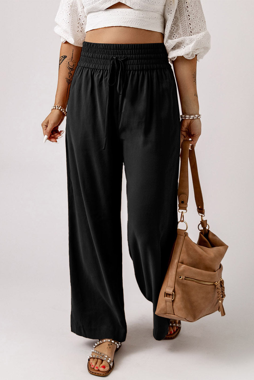 Black Drawstring Elastic Waist Casual Wide Leg Pants - Glimmer Road