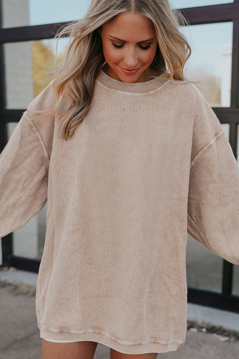 Apricot Ribbed Corduroy Oversized Sweatshirt - Glimmer Road