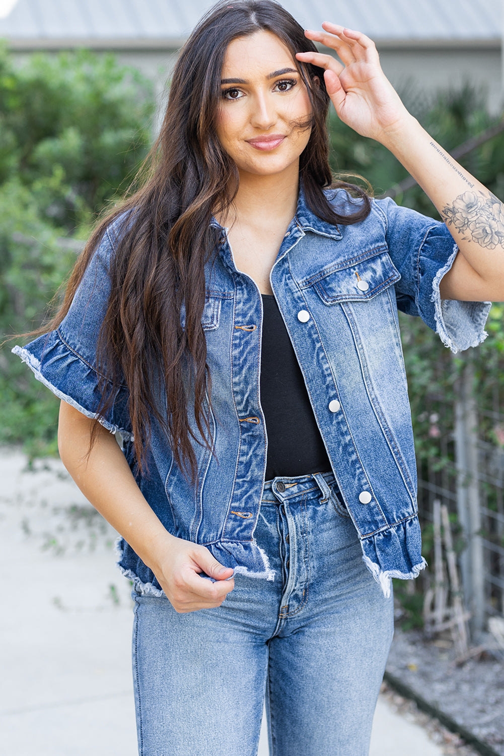 Peacock Blue Raw Edge Ruffled Short Sleeve Denim Jacket - Glimmer Road