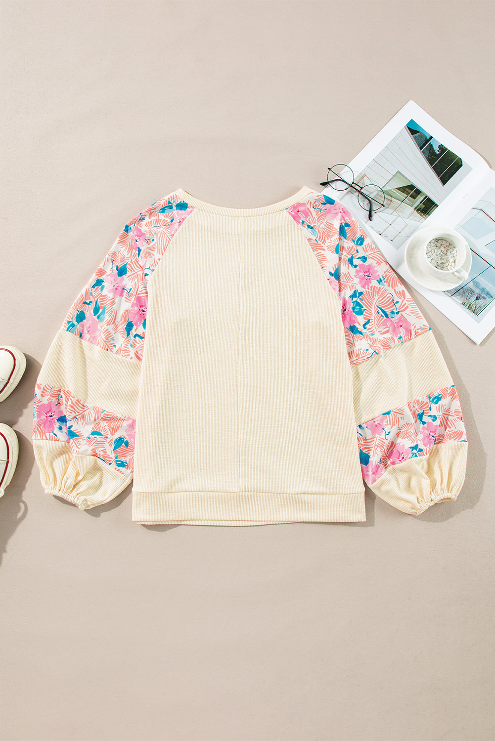 Apricot Textured Floral Patchwork Balloon Sleeve Blouse - Glimmer Road