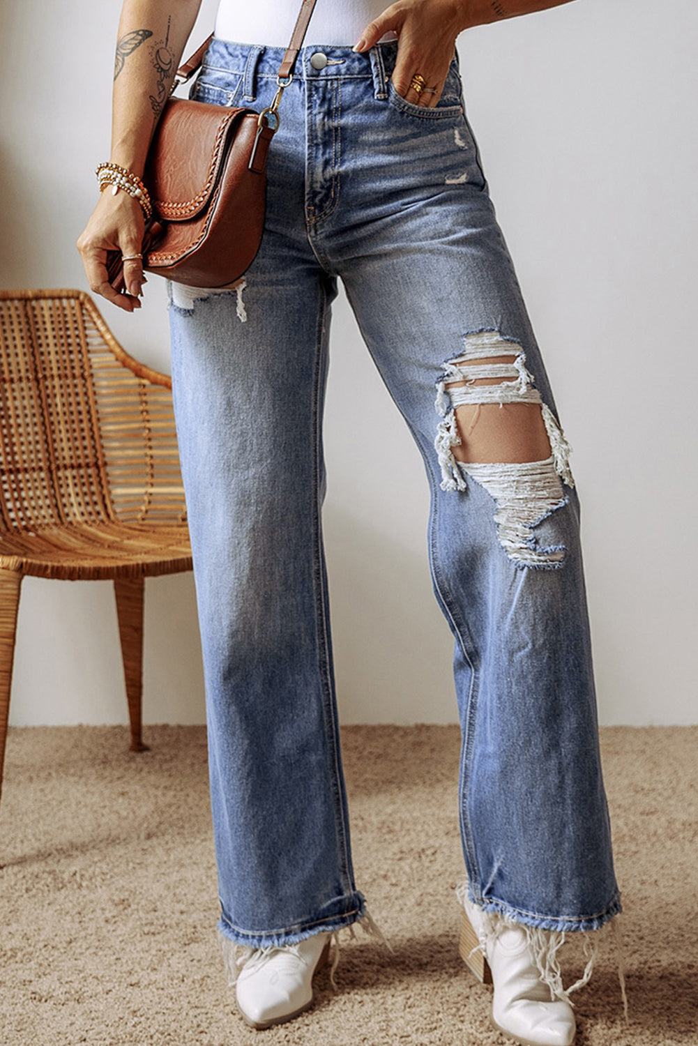 Ashleigh Blue Distressed Raw Hem Straight Leg High Waist Jeans - Glimmer Road