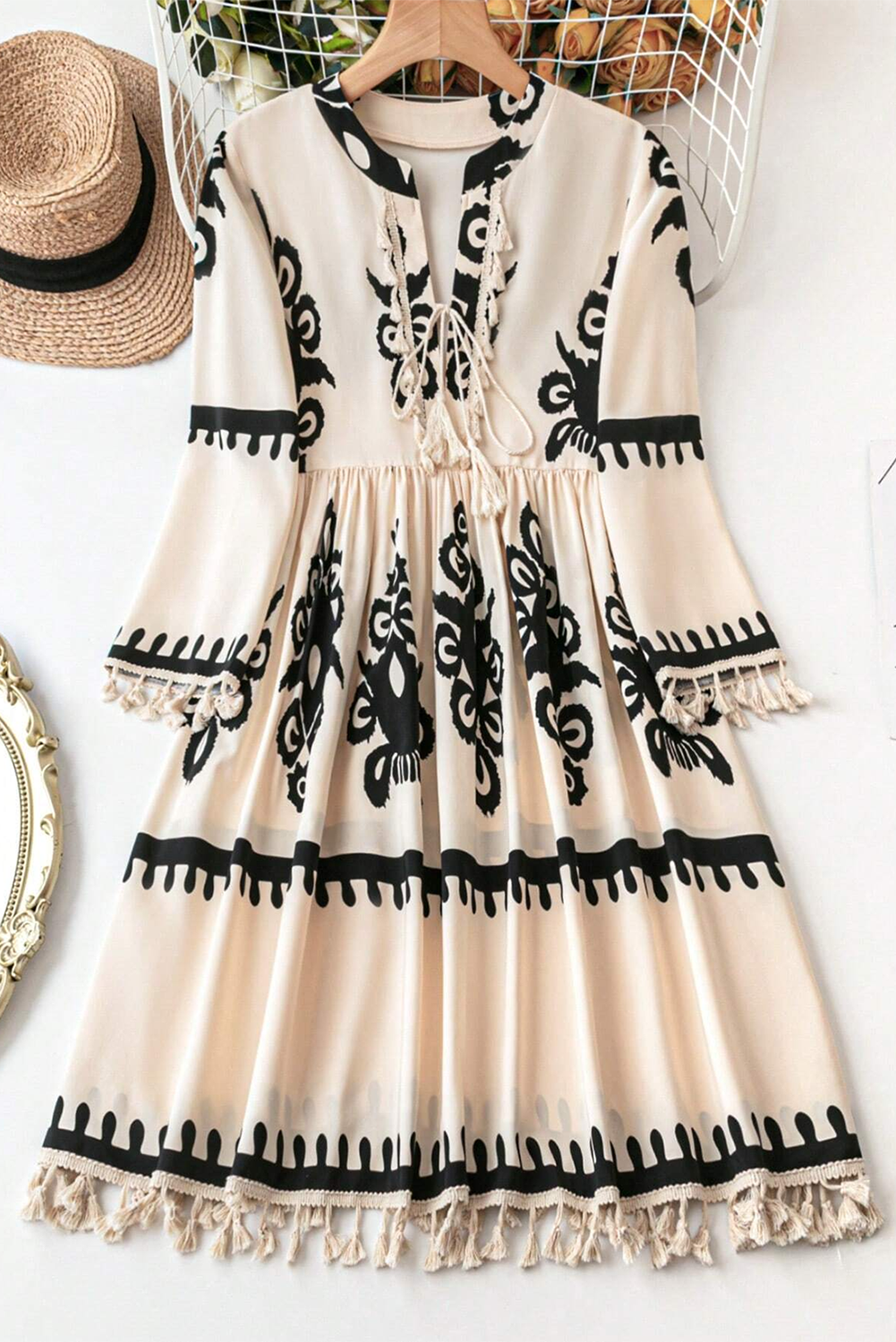 Beige Western Pattern Print Tasseled Notch V Neck Mini Dress - Glimmer Road