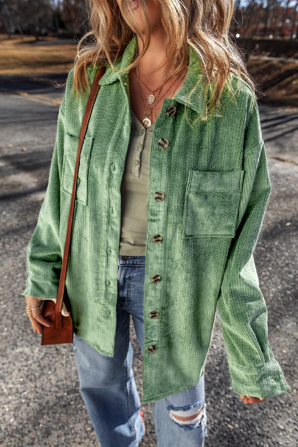 Mist Green Patched Pocket Button Up Corduroy Shacket - Glimmer Road