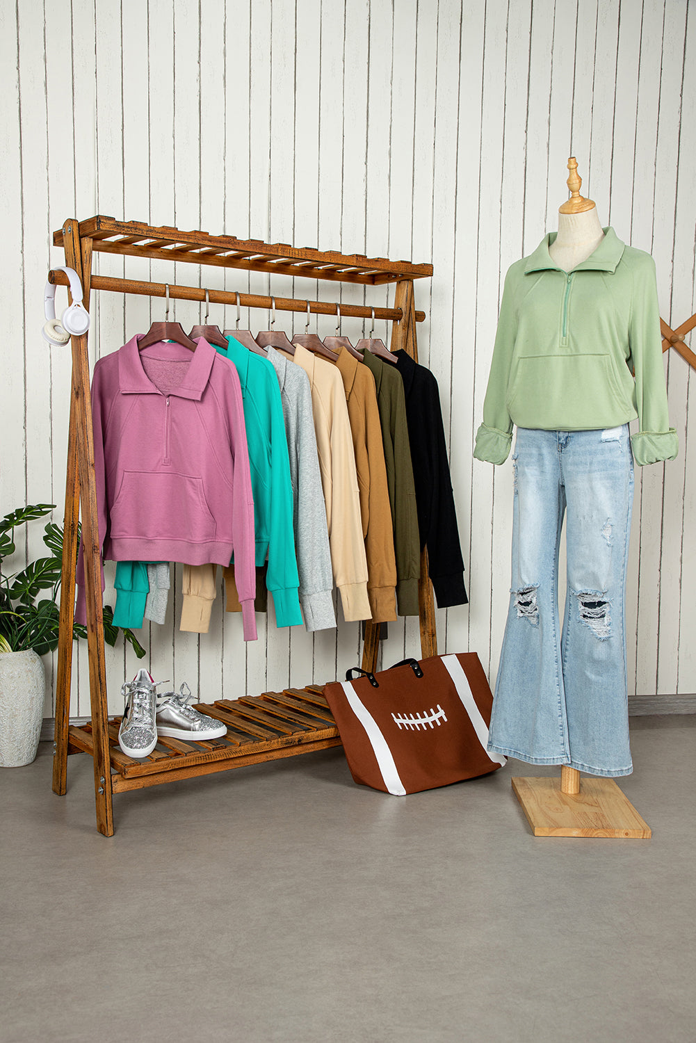 Moss Green Quarter Zip Stand Neck Kangaroo Pocket Sweatshirt - Glimmer Road