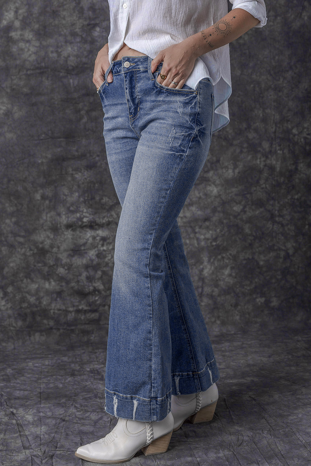 Sky Blue Slight Distressed Medium Wash Flare Jeans - Glimmer Road