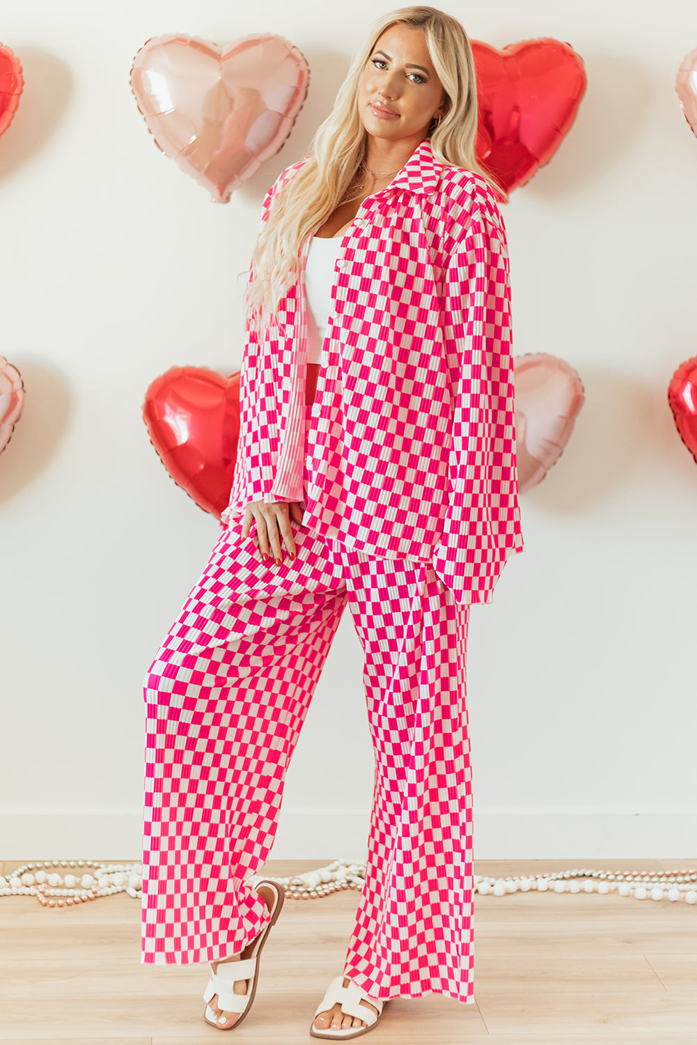 Pink Checkered Buttoned Shirt and High Waist Pants Pajama Set - Glimmer Road