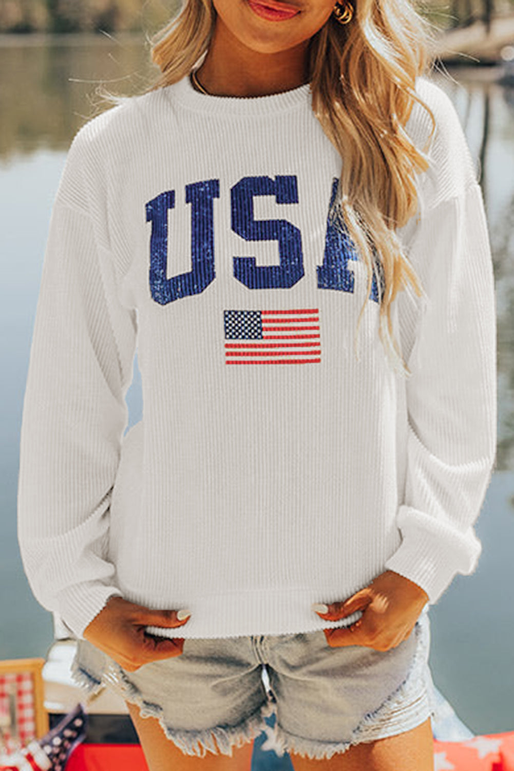 White USA Flag Corded Graphic Sweatshirt - Glimmer Road