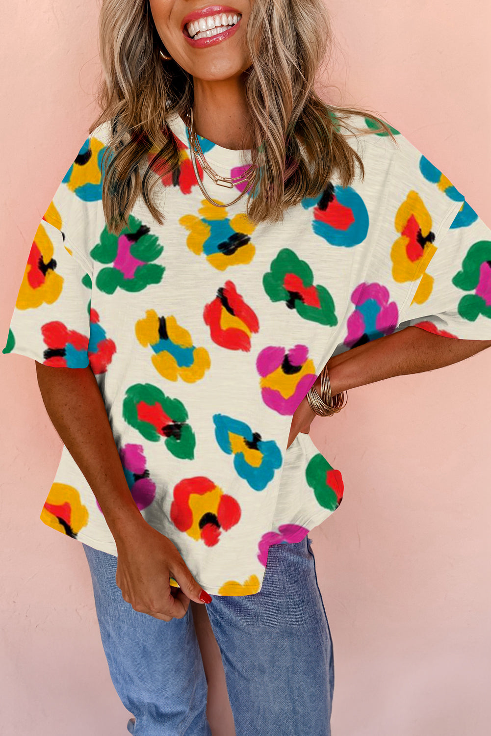 Apricot Leopard Drop Shoulder Oversize Tee - Glimmer Road