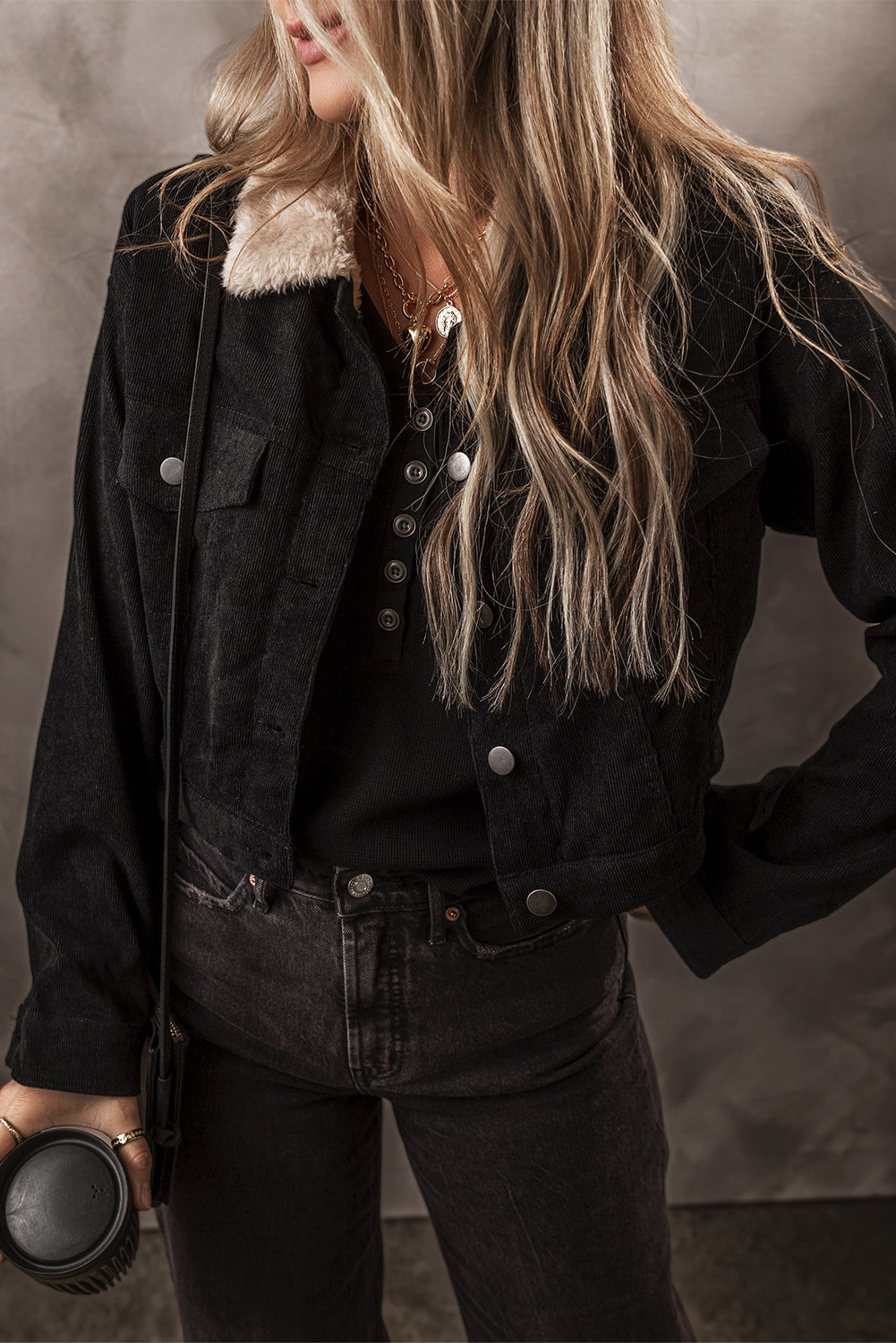 Black Fleece Lined Button-up Collared Corduroy Crop Jacket - Glimmer Road