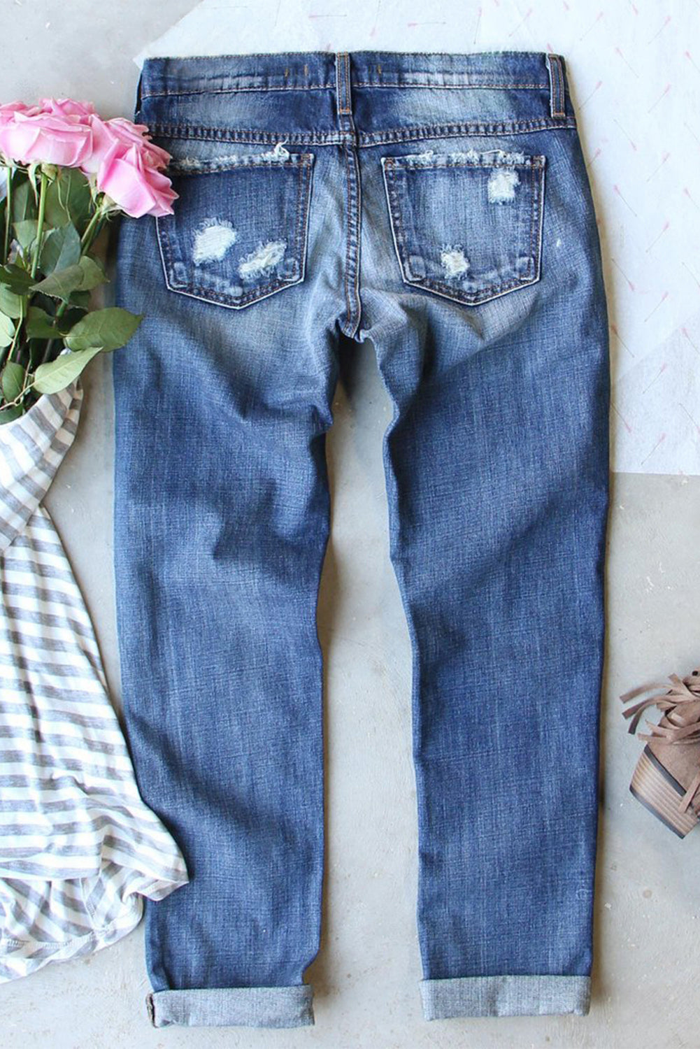 Sky Blue Sequin Rugby Football Patchwork Distressed Straight Leg Jeans - Glimmer Road