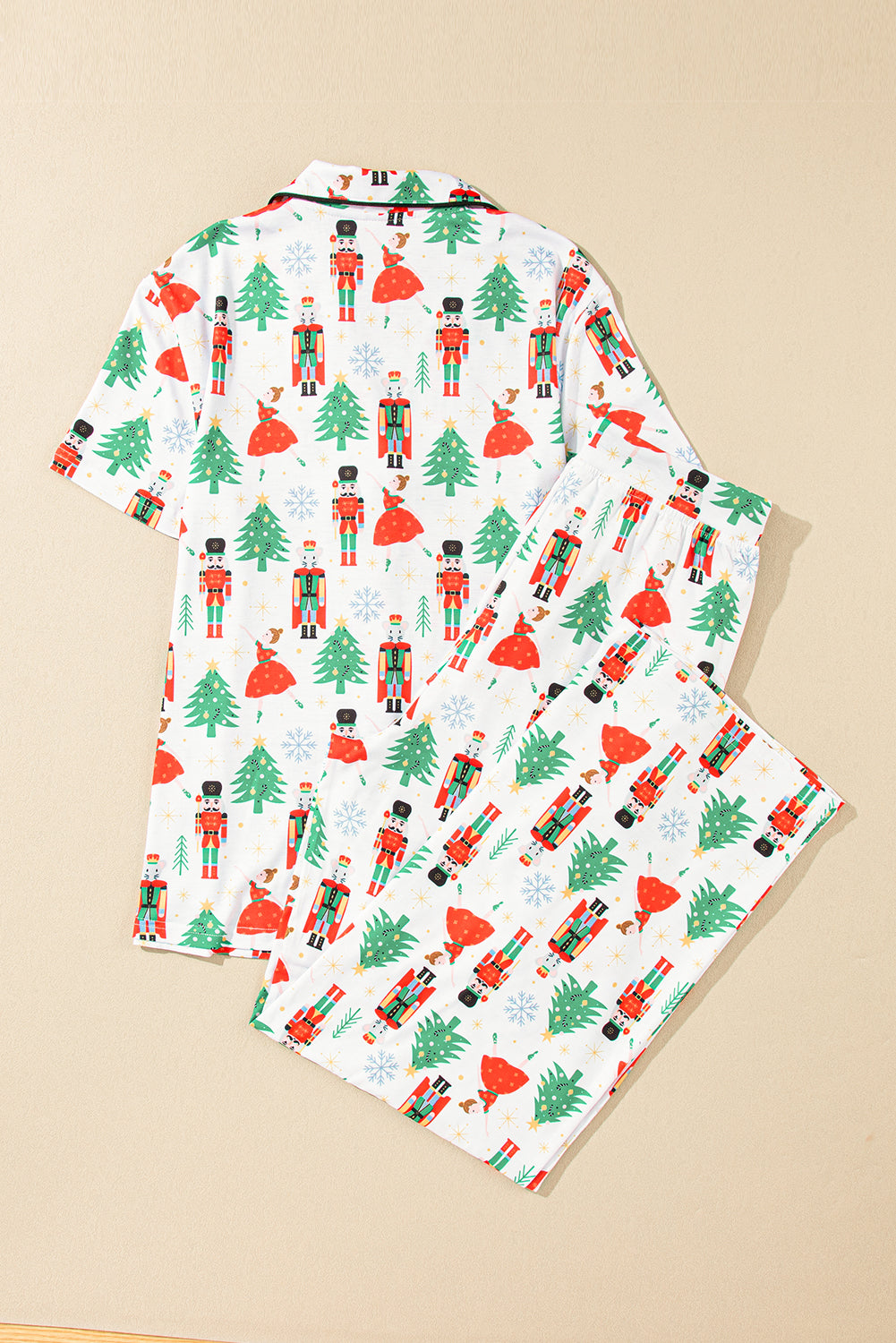 White Printed Christmas Pattern Buttoned Two Piece Sleepwear - Glimmer Road