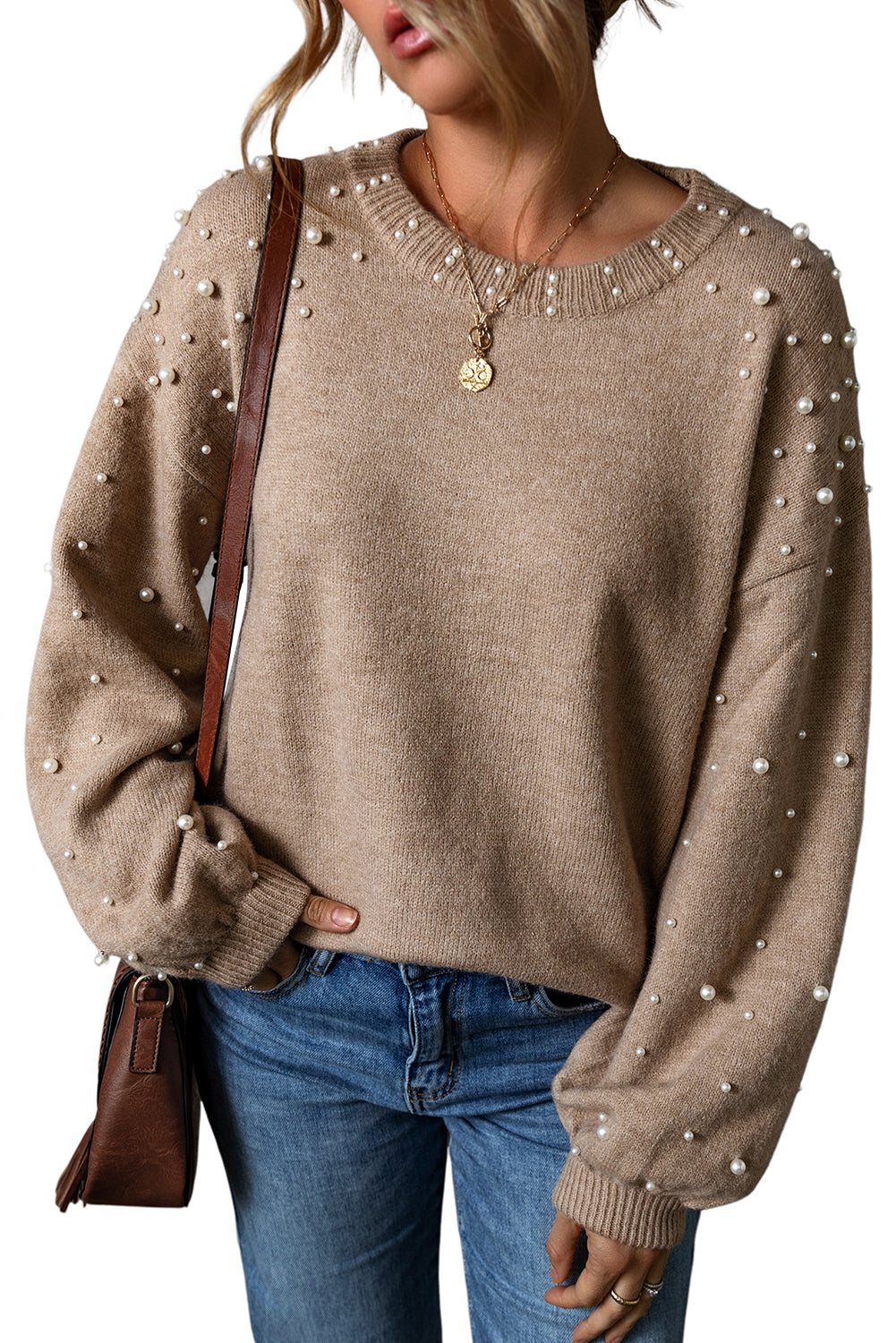 Smoke Gray Pearled Drop Shoulder Round Neck Sweater - Glimmer Road