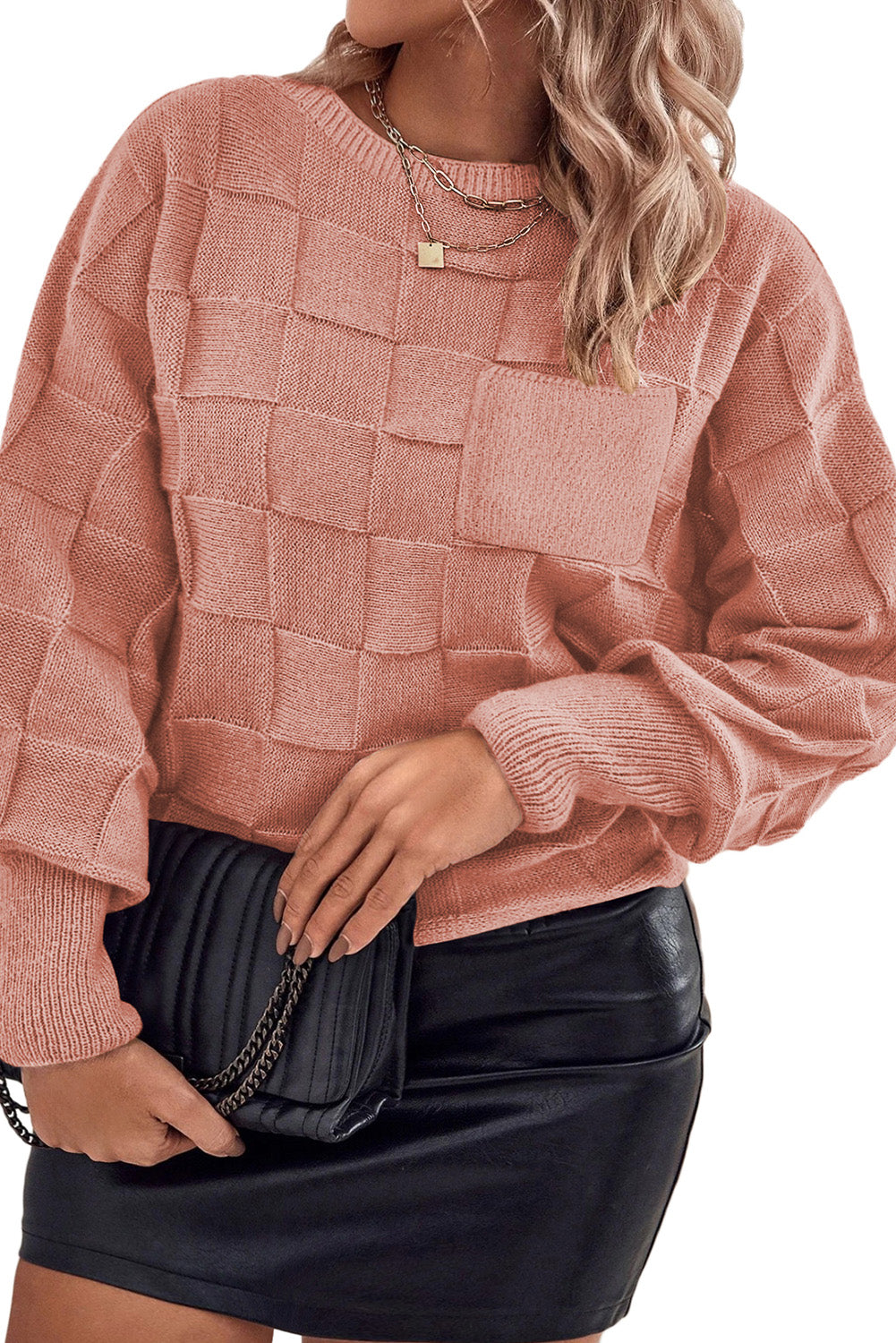 Light French Beige Solid Checkered Textured Knit Plus Size Sweater - Glimmer Road