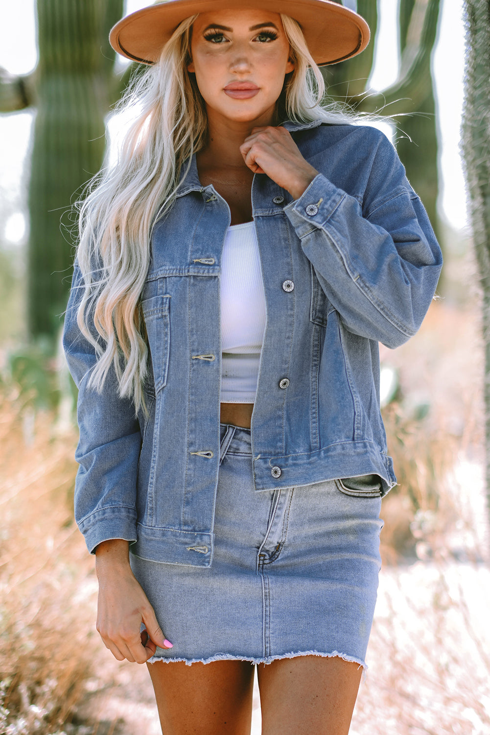Wild Wind Washed Oversize Pocketed Denim Jacket - Glimmer Road