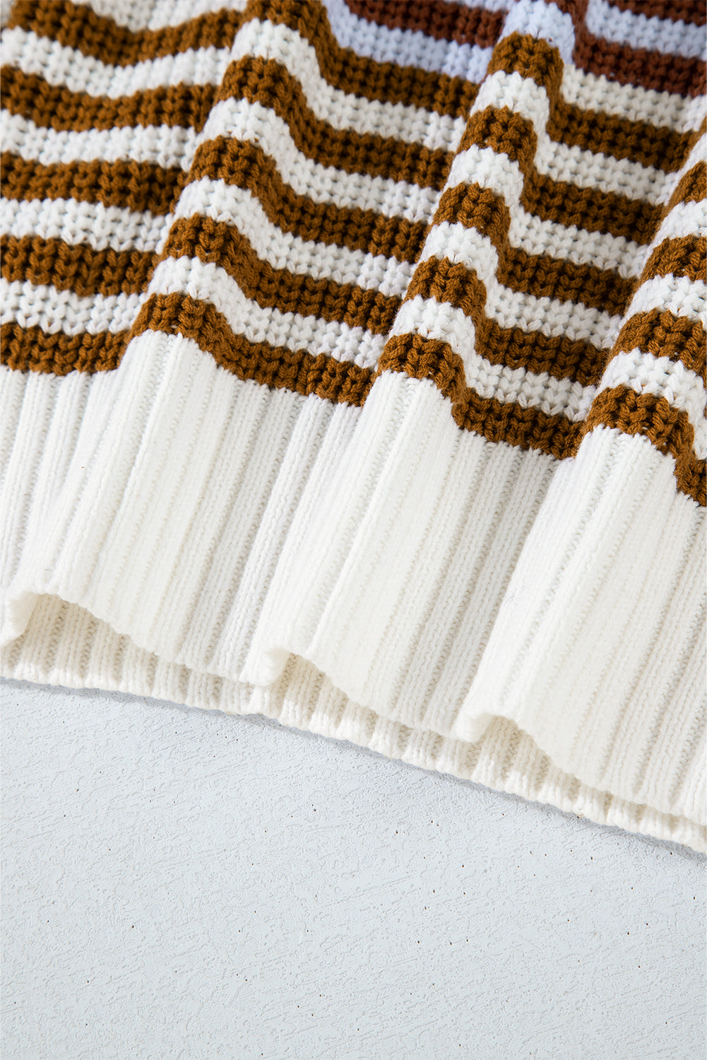 Khaki Stripe Zip up Collar Drop Shoulder Sweater - Glimmer Road