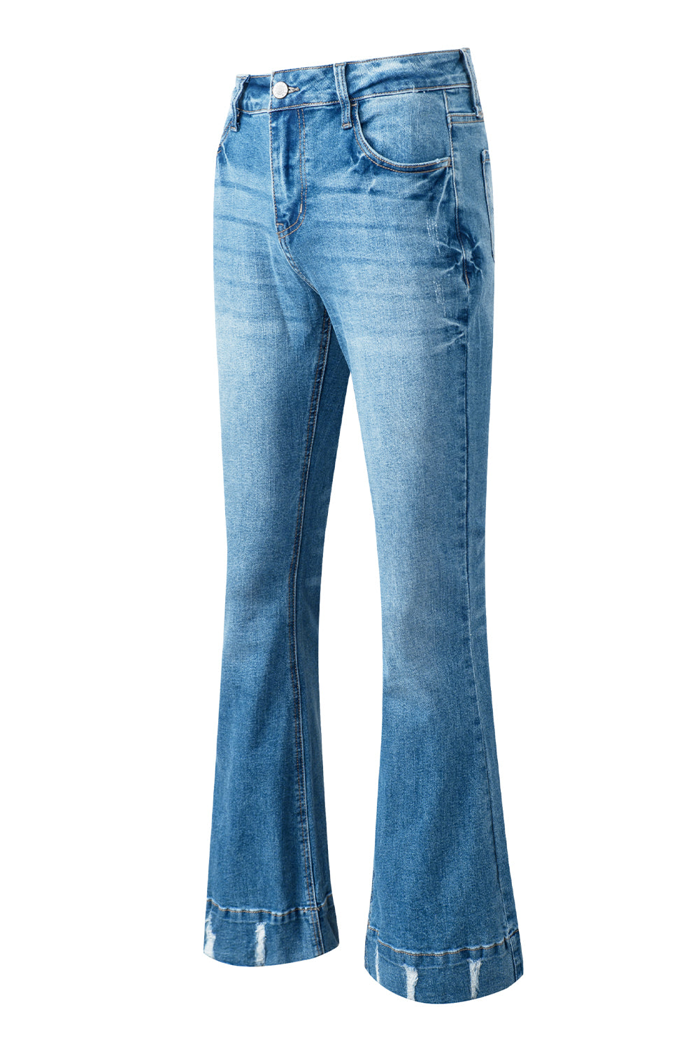Sky Blue Slight Distressed Medium Wash Flare Jeans - Glimmer Road