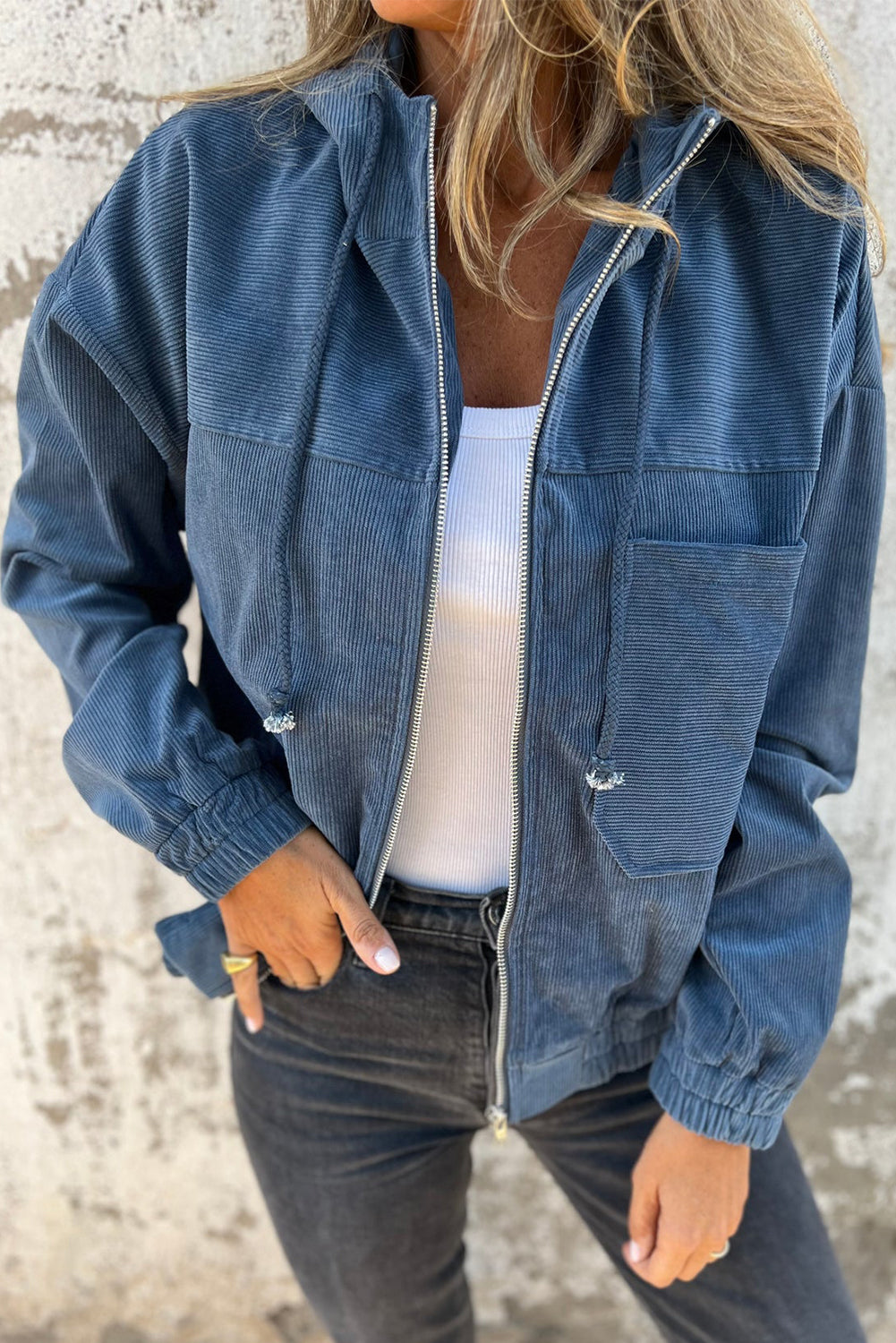 Real Teal Corduroy Drawstring Hooded Pocket Zip Up Jacket - Glimmer Road
