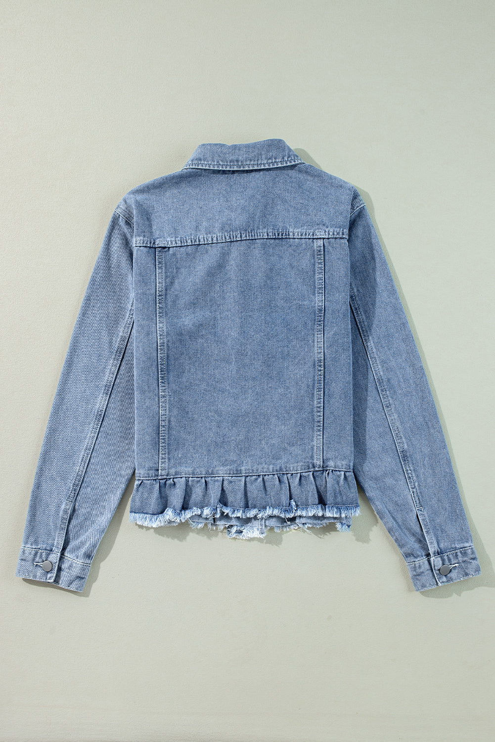 Beau Blue Ruffle Raw Hem Flap Pockets Denim Jacket - Glimmer Road